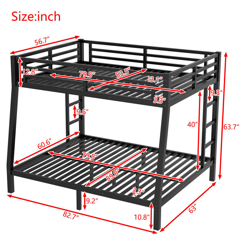 Metal Bunk Bed for Teens and Adults,Space-Saving/Noise Reduced/No Box Spring Needed,Black, Full XL Over Queen