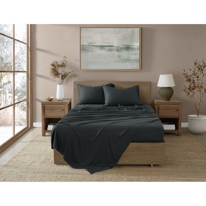 Ensemble de draps 300 fils Brooklyn, Ensemble de draps pour grand lit avec 2 taies d'or, Noir