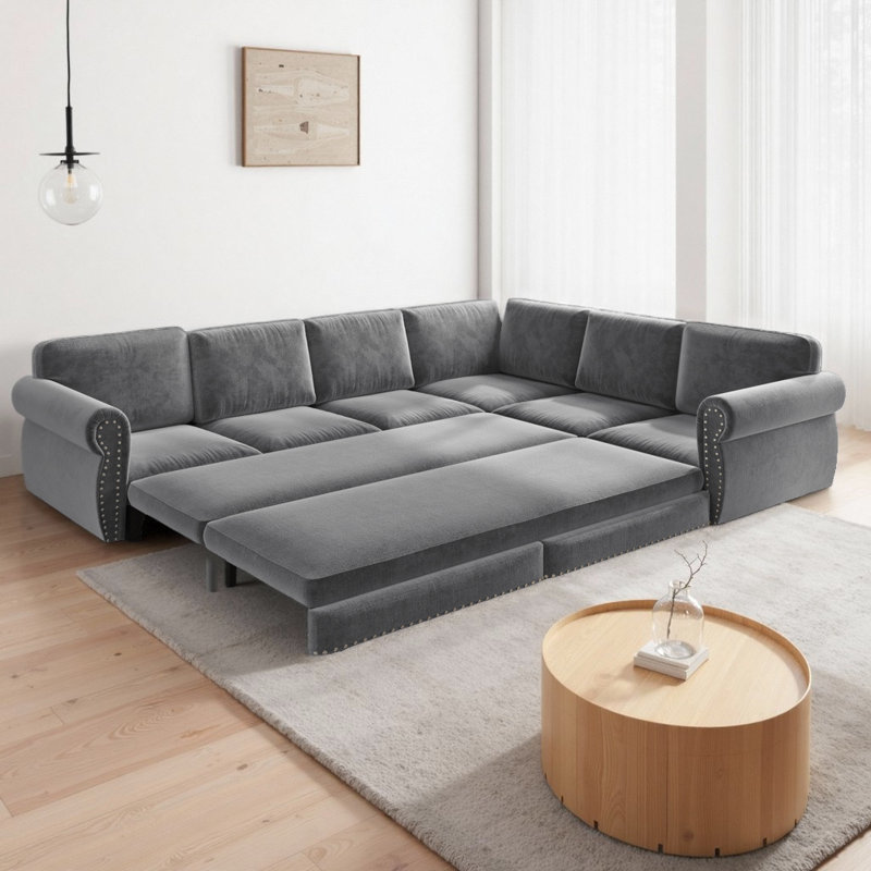 Canapé-lit convertible en forme de L 118 po avec lit escamotable 118 po, canapé modulaire surdimensionné 6 places avec garniture cloutée et accoudoirs roulés, canapé-lit en chenille