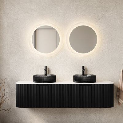Meuble-lavabo de 152 cm (60 po) avec deux lavabos ronds en verre noir transparent, armoire de rangement, tiroirs, préassemblé, noir, fini à rayures 3D, tiroirs stables, ouverture et fermeture en douceur.