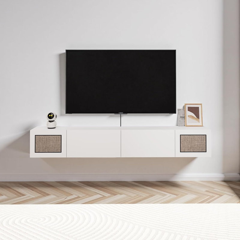Meuble télé blanc flottant pour meuble télé 55 po avec console en rotin, 29.97"H x 139.98"L x 25.3"W