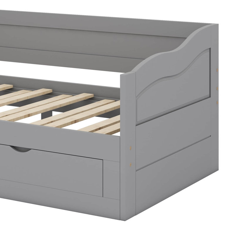 Lit de jour simple en bois extensible avec lit gigogne et deux tiroirs de rangement, Gris