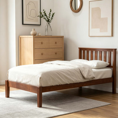 Twin Size Wood Platform Bed Frame With Vertical Slatted Headboard, 275 Lbs Weight Capacity, No Box Spring Needed, Walnut Finish
