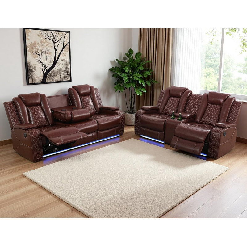 Ensemble de canapé inclinable électrique en cuir 2 pièces avec lumière DEL, station de recharge sans fil et accoudoirs de rangement