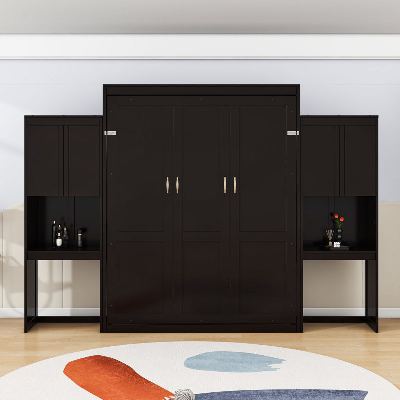 Grand lit escamotable avec bureau intégré, coiffeuse et armoires de rangement, Espresso