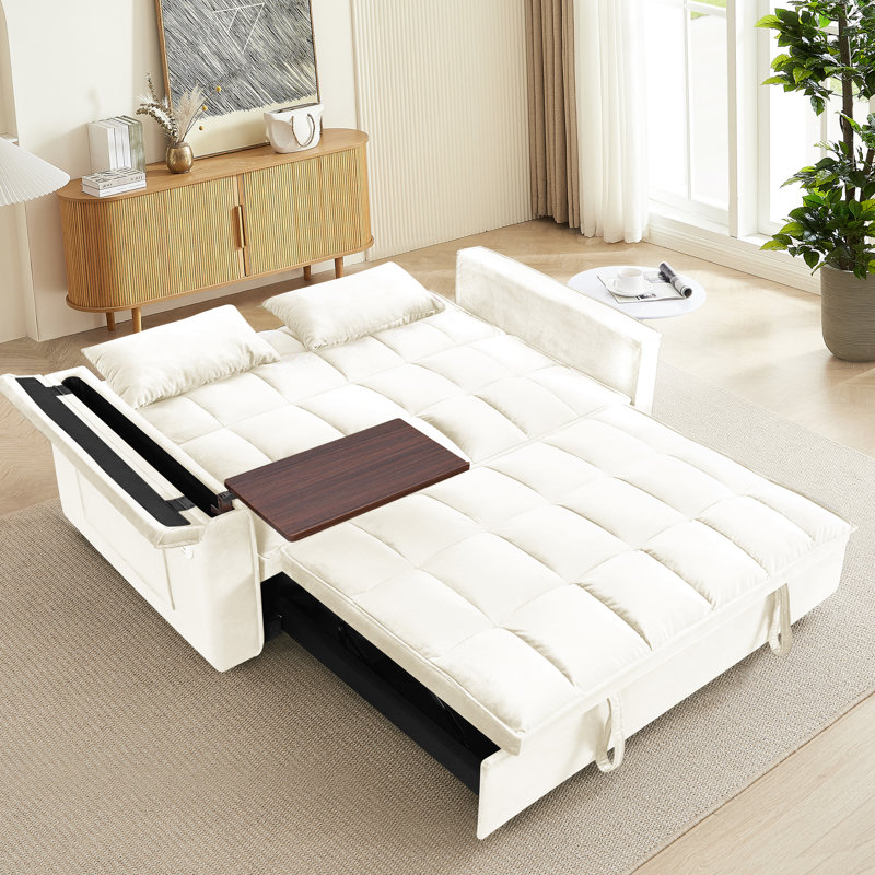 31 lits en velours, dossier réglable, table d'appoint avec sac de rangement, coussin, beige, matériau de velours pliable pour le salon et la chambre à coucher