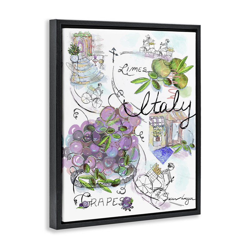 Cadre flottant Italie, croquis raisins et bistro, design par Susan Lugar, Cadre flottant noir de jais, H 21 po x l 17 po