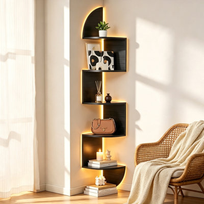 Space-Saving 5-Tier Corner Wall Shelf with LED Light, Zigzag Floating Bookshelf Display Stand for Small Spaces, Bedroom, Living Room, Bathroom, Home Office
