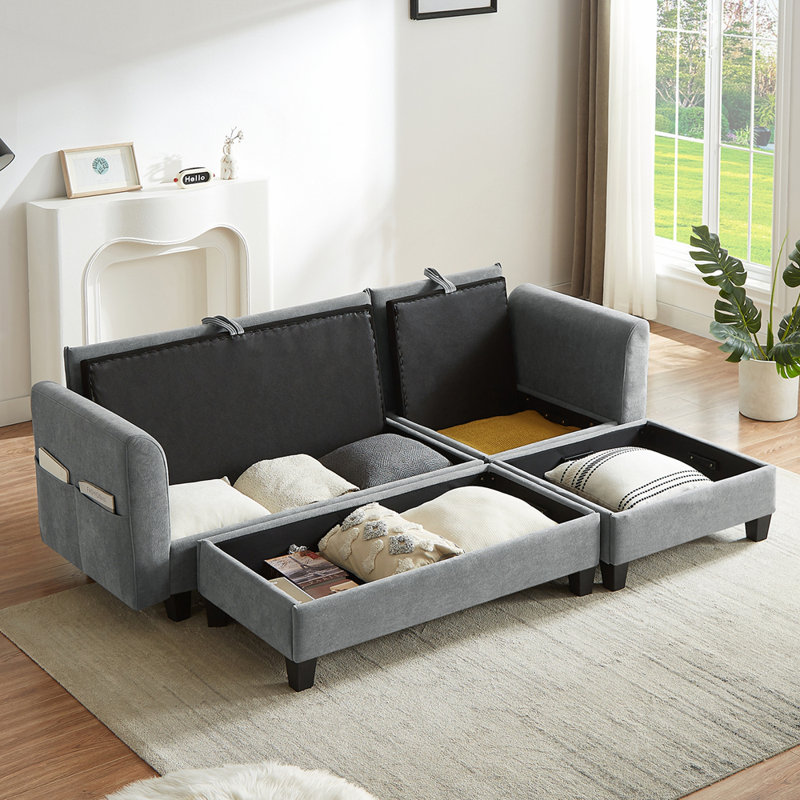Canapé modulaire polyvalent avec repose-pieds mobile à rangement caché et assise profonde, Gris