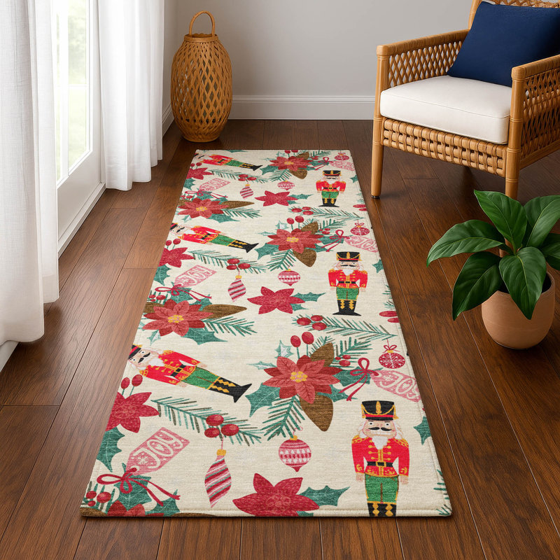 Premium Machine Washable Dockside AMF1822 Nutcracker and Poinsettia Rug, Runner 2'3" x 7'6"