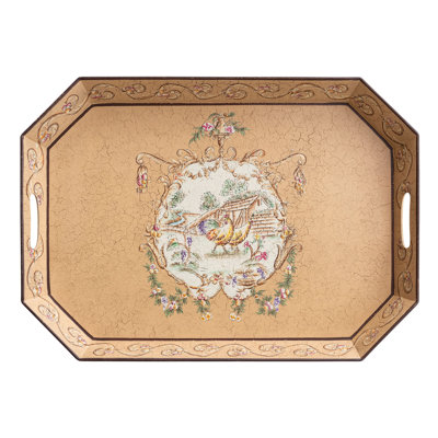 Decorative Hand-Painted Metal Tray with Farm Landscape Chickens Botanicals and Handles