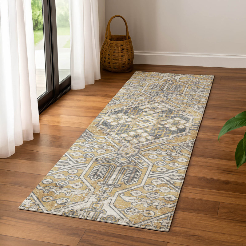 Premium Machine Washable Mayfield AMF2197 global Rug, Gold, 2'3" x 7'6" Runner