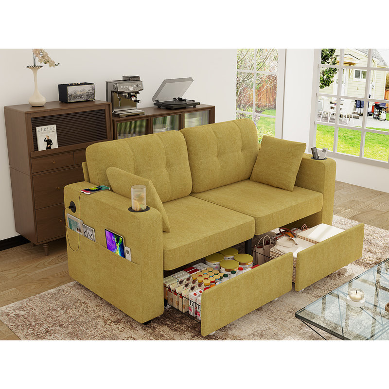 68'' Chenille Sofa With Multi-Functional Armrests, Yellow