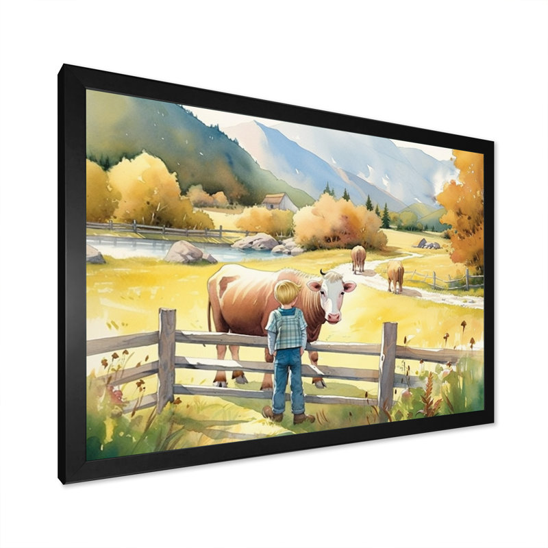 Children On A Farm I - Farm Landscape, reproduction d'art mural, H 24 po x l 32 po x P 1 po, Cadre photo noir