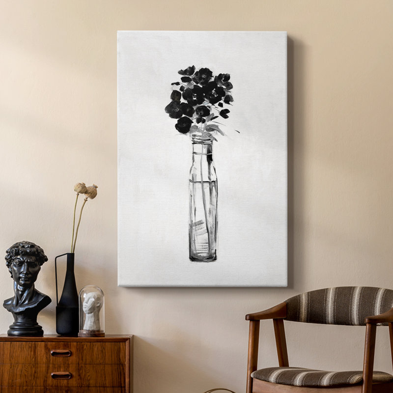 Noir et blanc sophistiqué à motif floral I - galerie Cavas sur mesure, H 36 po x l 24 po