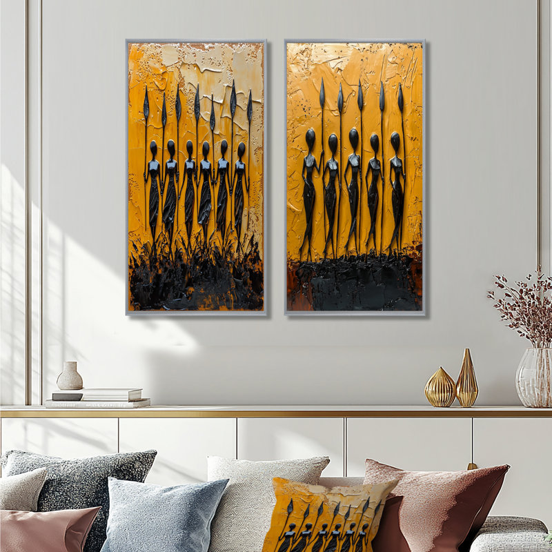 Ensemble de 2 pièces d'art mural tribal africain noir et jaune Tribal africain Rhythms III, Encadrement argenté