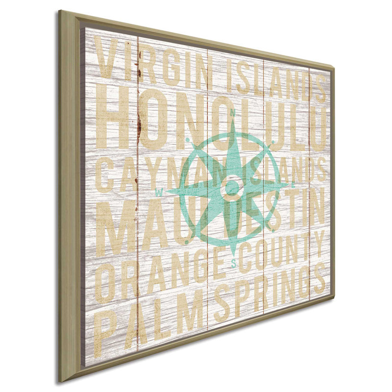«Bon Voyage Compass», art textuel, H 21,5 po x l 21,5 po x P 2 po, Cadre flottant champagne