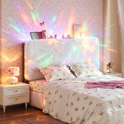 Cloud Fluff Headboard for Queen Size Bed with Storage, Faux Fur Upholstered Head Board with USB & Type C Port, 60,000 DIY Color of LED Light Height Adjustable, Sturdy, Easy Assembly
