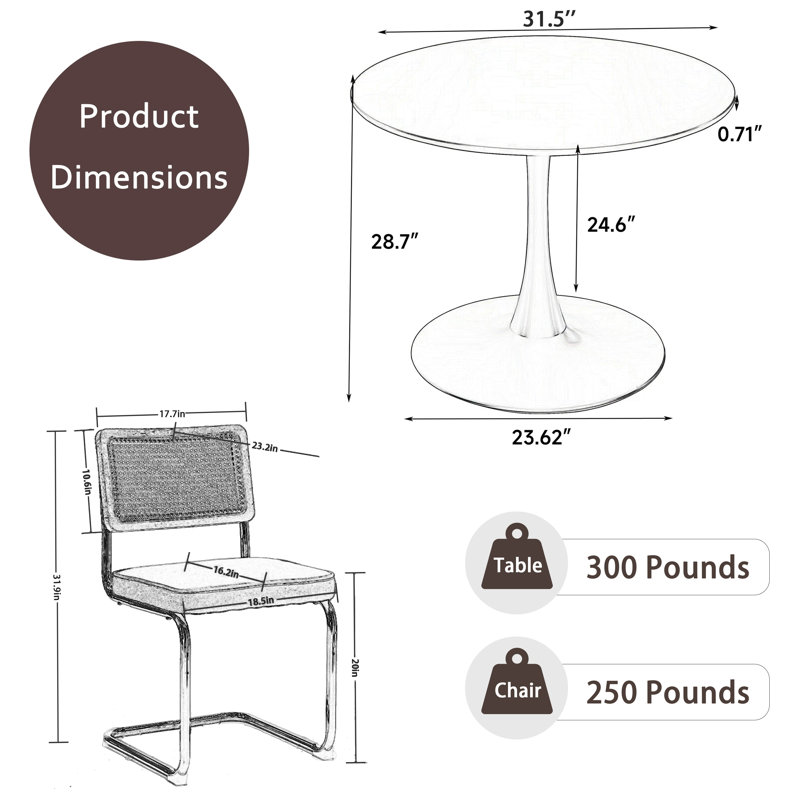 5 - Piece Pedestal Dining Table Set, Beige/Silver, 28.7"H x 31.5"L x 31.5"W, White