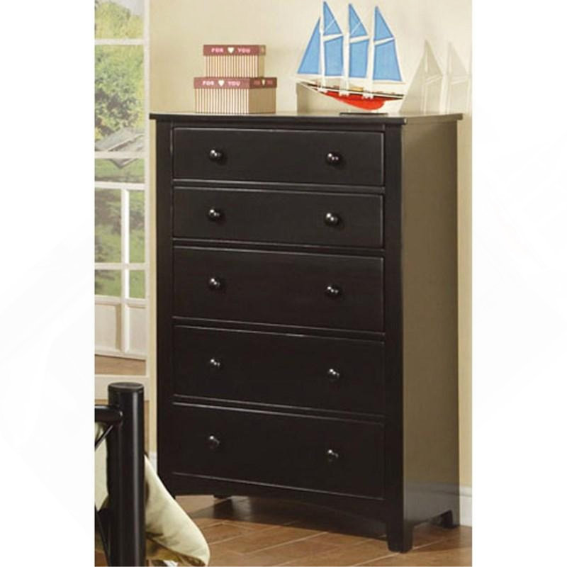 Commode de style contemporain 5 pièces à finition noire avec commode en pin et placage de pin 5 tiroirs, Black