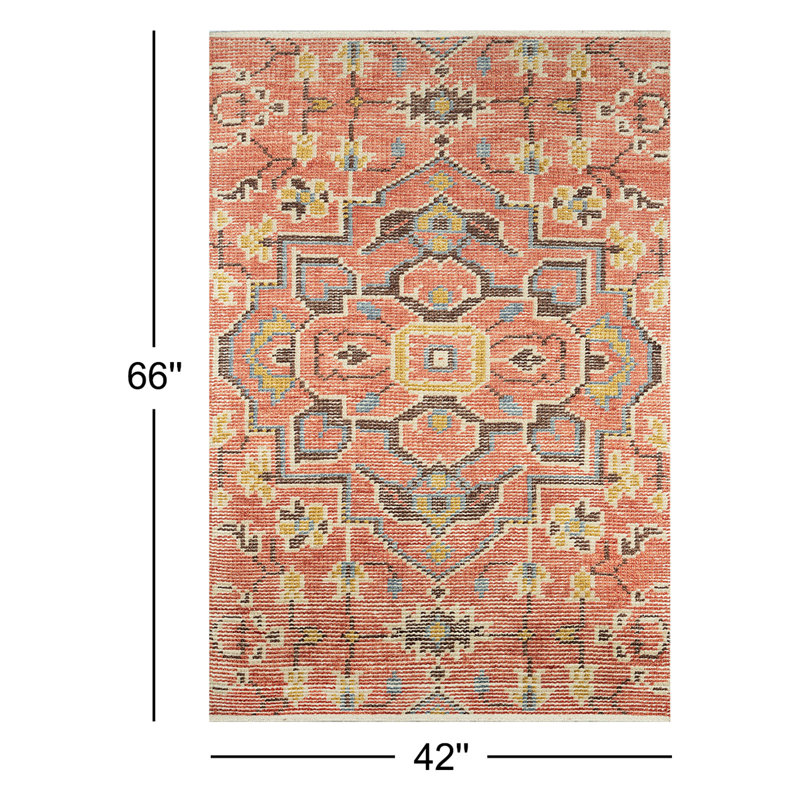 Tapis rouge / brun foncé / or en coton noué à la main Reese, Rectangle 3 pi 6 po x 5 pi 6 po