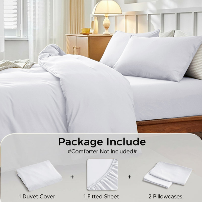 Microfiber 250 TC Reversible 4 piece Plain Duvet Cover Set with Pillowcases, Double Duvet Cover + 4 Additional Pieces, White