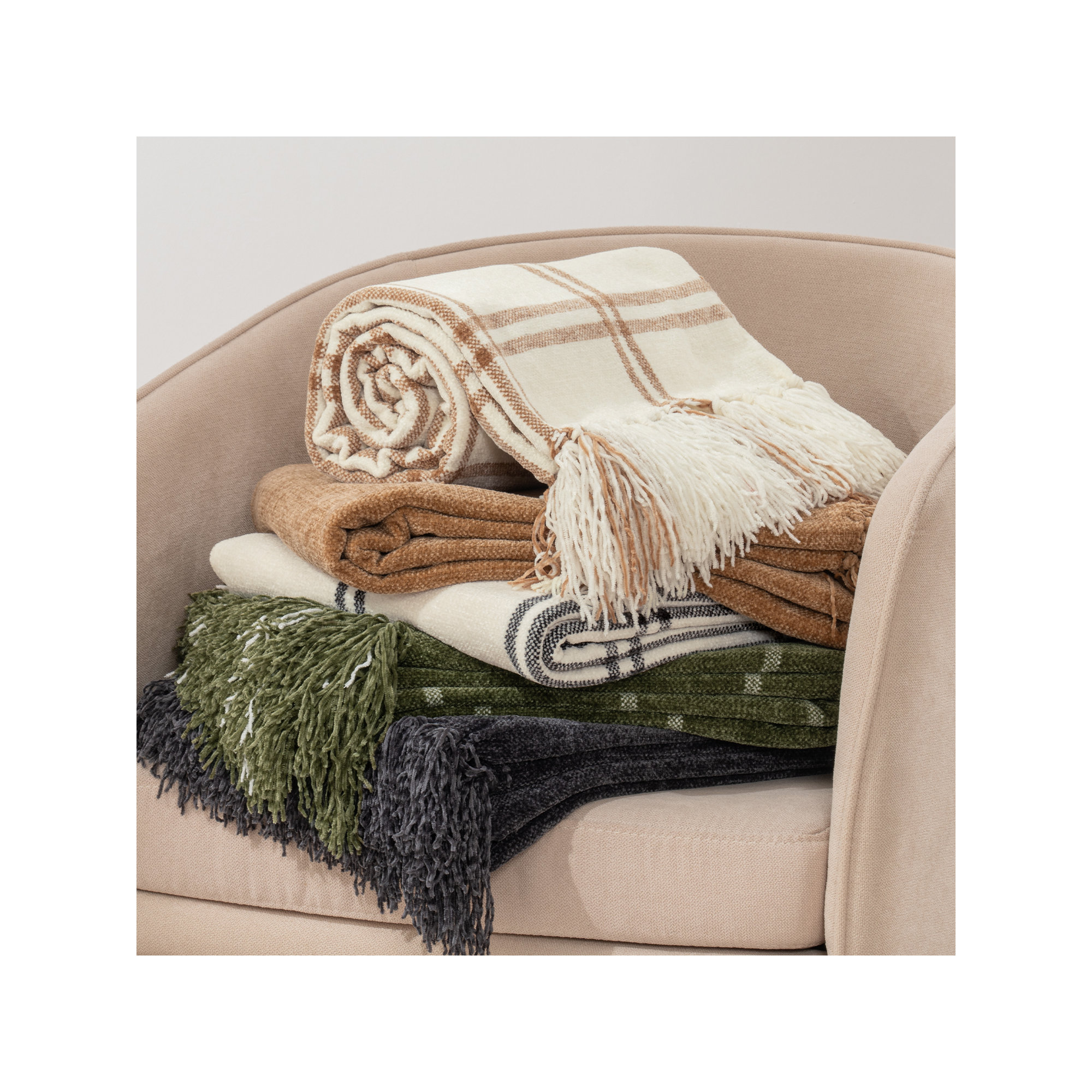 Soft Chenille Throw Blanket, 60" L x 50" W, Cream/Beige Plaid