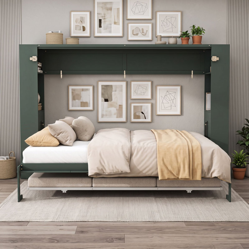 Lit escamotable double avec canapé et tablettes de rangement, Vert et beige