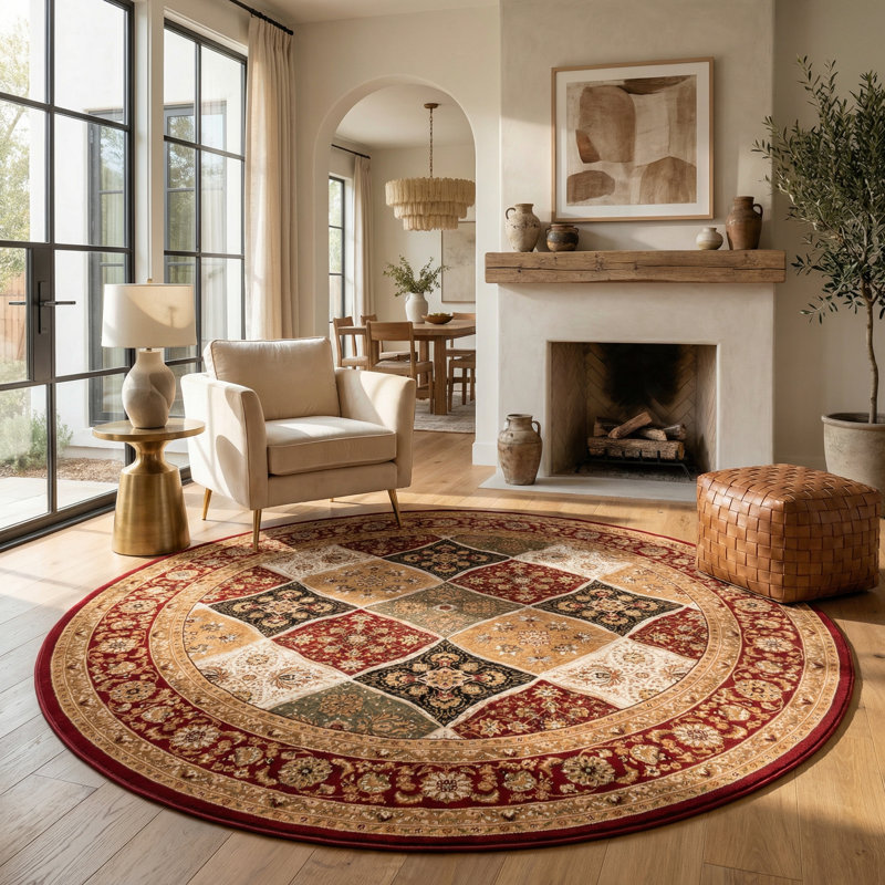 Rug Branch Aseel 5' x 5' (5'3" x 5'3") Red/Black Persian Medallion Indoor Round Area Rug, Traditional, Low Pile, Stain-Resistant Carpet - Living Room, Bedroom, Dining Room, and Kitchen