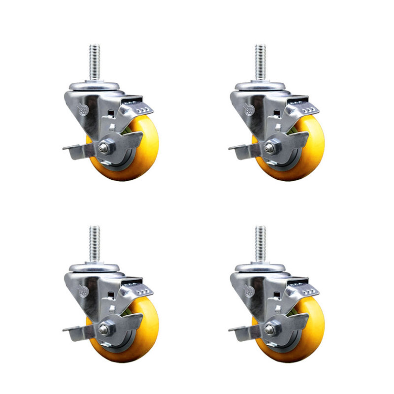 Ensemble de roulettes à tige filetée pivotante de 5/8 po 3 po avec frein, Jaune