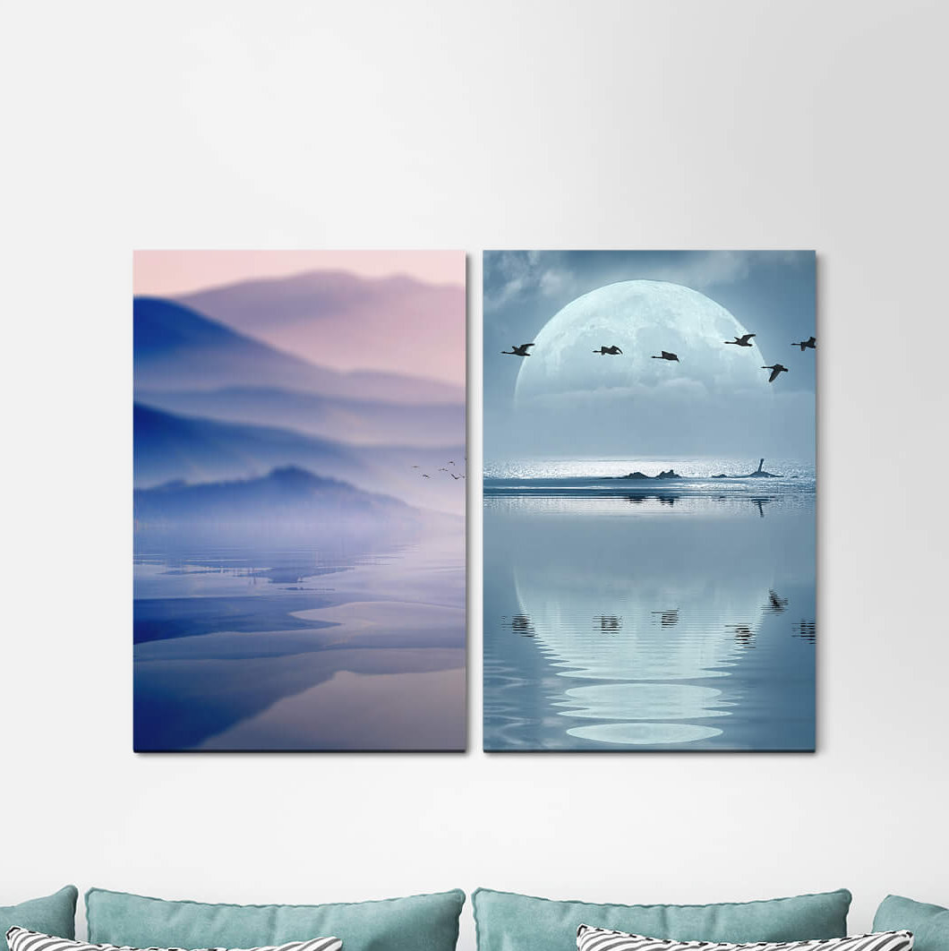 2-tlg. Leinwandbilder-Set Mountains Moon Sea Full Moon Birds Geese Mystic