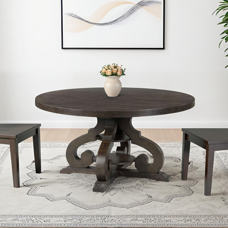 Anosha Rubberwood Round Solid Wood Top with Solid Wood Base Dining Table, Smokey Walnut