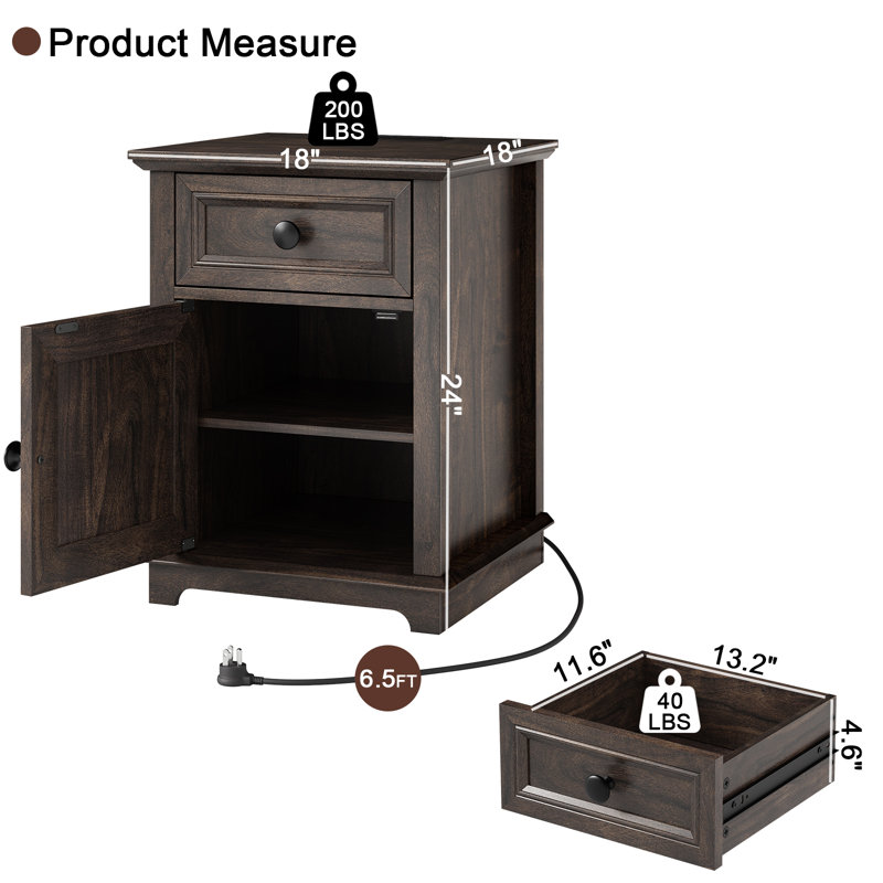 Rustic Brown Wood End Table Set with Storage and Charging Station