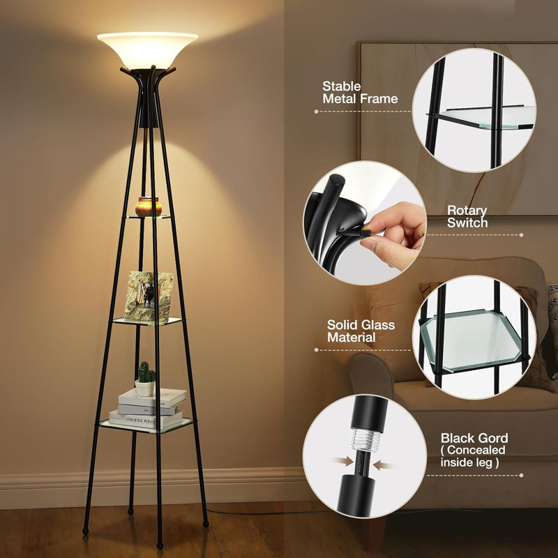 69" Black Industrial Floor Lamp with White Plastic Shade and Glass Shelves