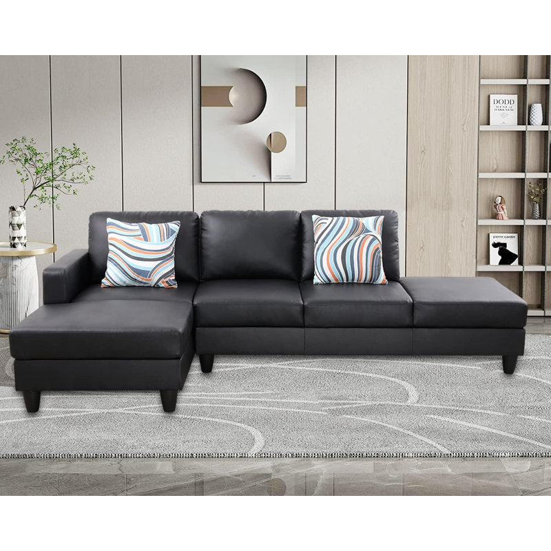 2-piece Faux Leather L-shape Lint Sectional Sofa, Black Faux Leather, Left Hand Facing