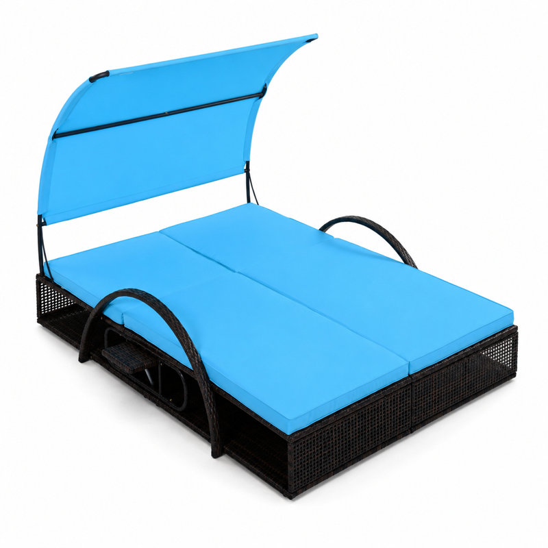 Chaise longue d'extérieur à structure en acier contemporaine avec dossier réglable, lit de jour double pour patio, auvent incurvé, table d'appoint pour terrasse de piscine dans la cour arrière