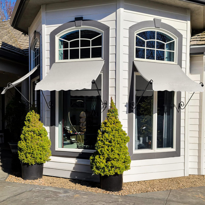 Awntech Charleston Acrylic Fabric Awning with Iron Scroll Arms, Oatmeal Tweed, 24" H x 40.5" W x 36" D