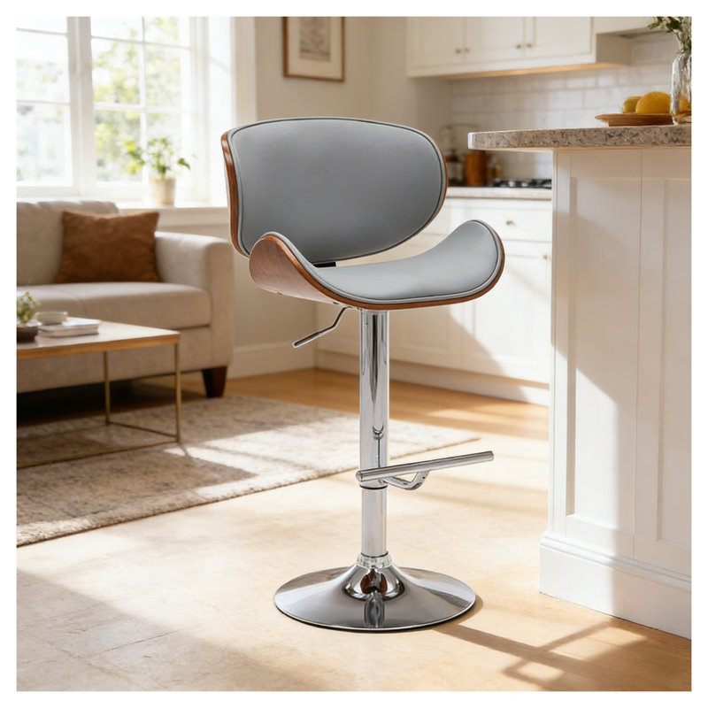 Tabouret de bar pivotant moderne avec hauteur réglable, structure en bois cintré noyer et coussin en similicuir blanc, Gray