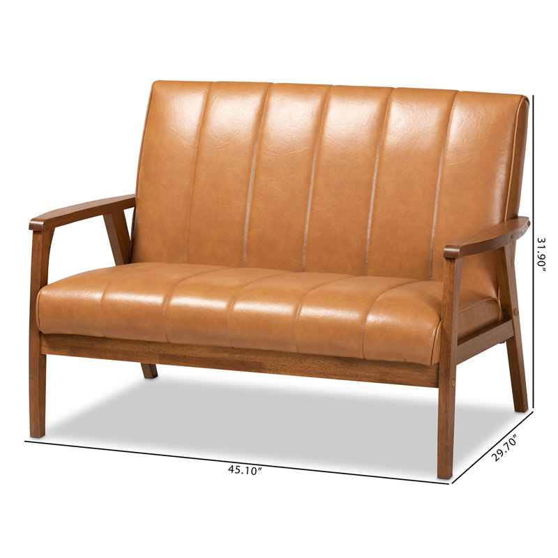 Nikko Mid-Century Modern Tan Faux Leather Loveseat with Walnut Wood