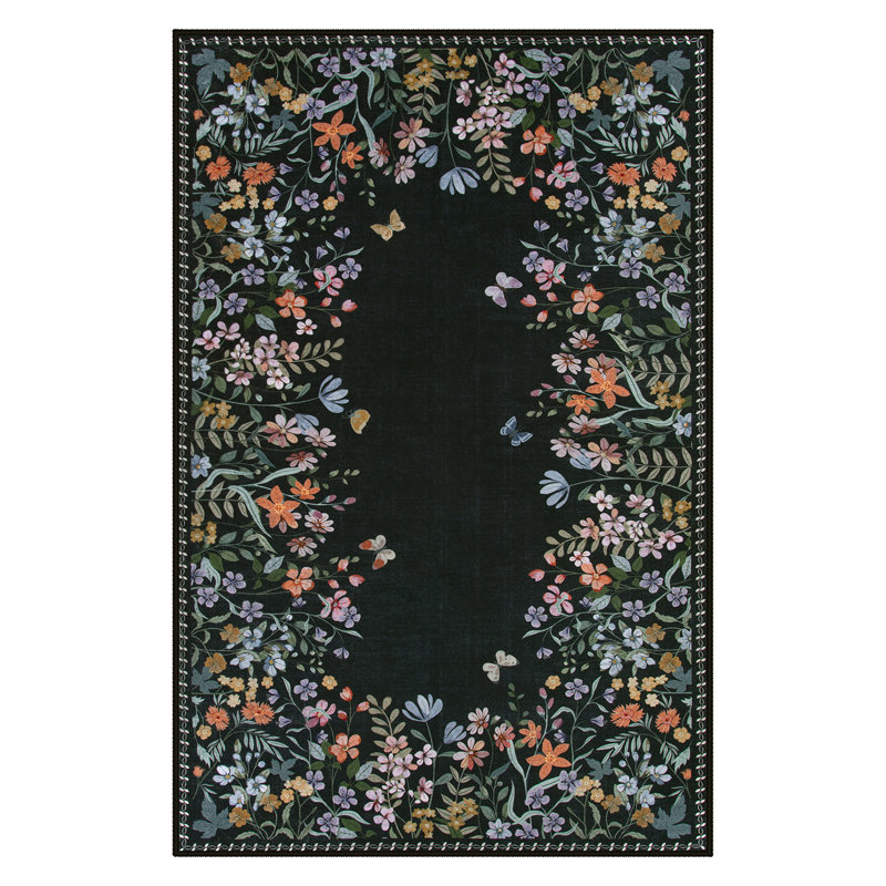     Floral Vintage Washable Black 4X6 Area Rug with Non Slip Backing - Low Pile Durable Carpet for Living Room, Bedroom, Dining Room or Office Decor