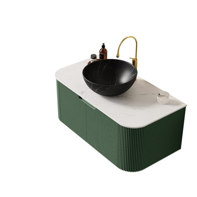 Armoire de salle de bain 36 po avec lavabo en contreplaqué rayé à bords arrondis avec tiroir, lavabo en céramique et plateau en pierre frittée 36 po