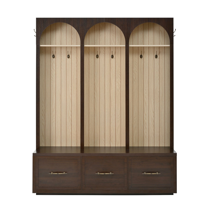 Farmhouse Wooden Style Hall Tree With Arched Design, Elegant 59" Wide Entryway Bench With 8 Retro Hooks, Rustic Coat Rack & Shoe Organizer With 3 Drawers For Mudroom, Living Room, 74.8"H
