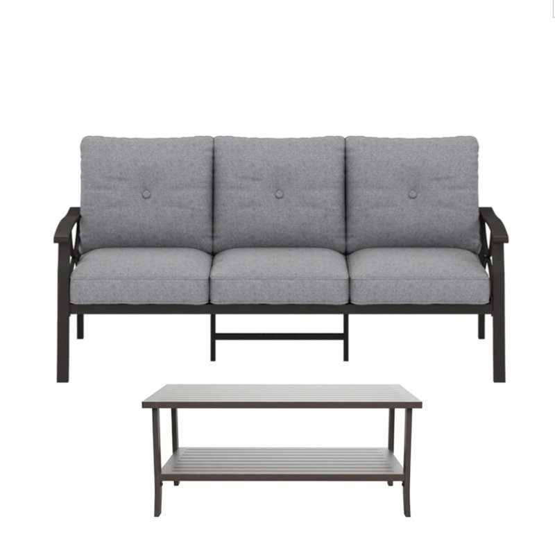 2 Piece Outdoor Patio Set, 70” All-Weather Metal 3-Seat Metal Patio Sofa And Rectangular Coffee Table , Khaki Frame With Gray Cushions