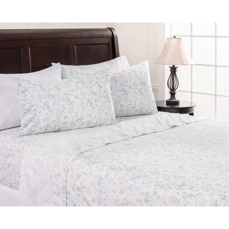 Elegant Ultra Soft Floral Microfiber Percale Sheet Set, White, Twin Sheet Set + Fitted Sheet + 1 Pillowcase