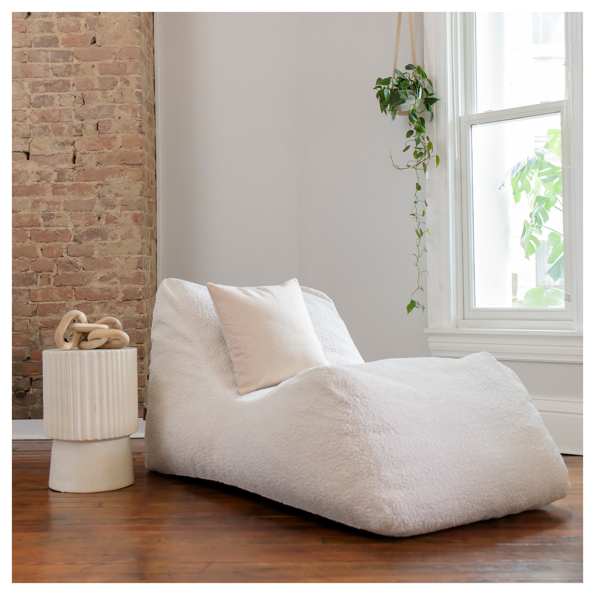 Big Joe Delmont Foam Filled Bean Bag Chair with Removable Cover, Vegan Leather or Boucle, Cream Polyester