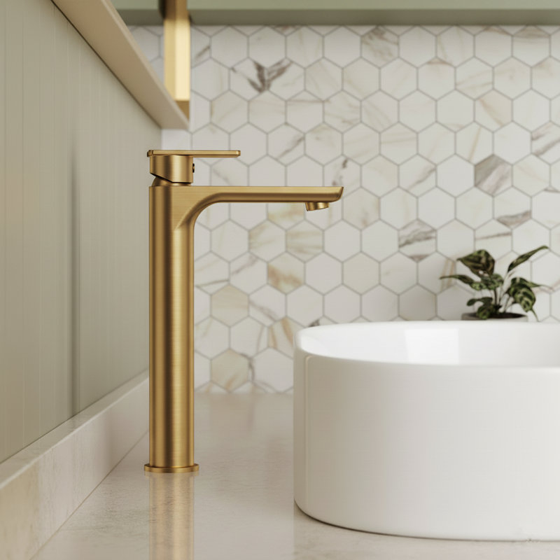 Single Hole Vessel Bathroom Faucet, Single Handle Bathroom Sink Faucet with Drain Assembly, Brushed Gold