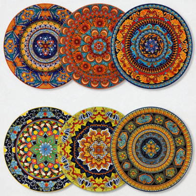 10.5 Inch Bohemian Printed Colorful Ceramic Dinner Plates Set of 6, Microwave & Dishwasher Safe Kitchen Dining Plates