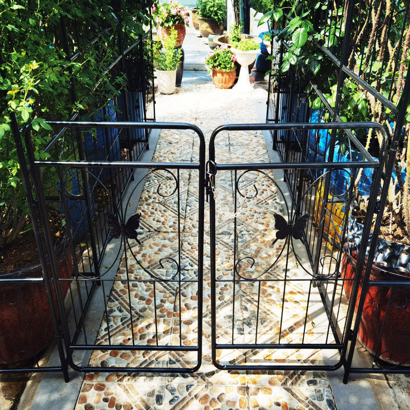Metal Garden Arch With Gate 79.5'' Wide X 86.6'' High Climbing Plants Support Rose Arch Outdoor, Black
