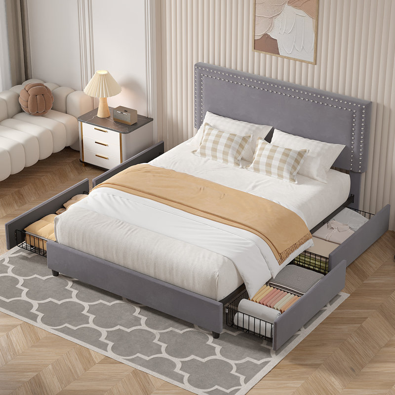Lit double avec tiroirs de rangement Lit plateforme tapissier réglable, Double, Gris foncé