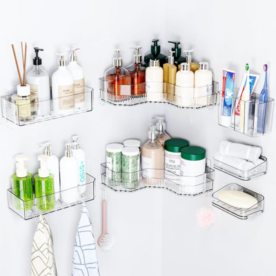 Paquet de 7 boîtes de douche de coin adhésives, tablettes de douche 100% acrylique antirouille pour la douche intérieure